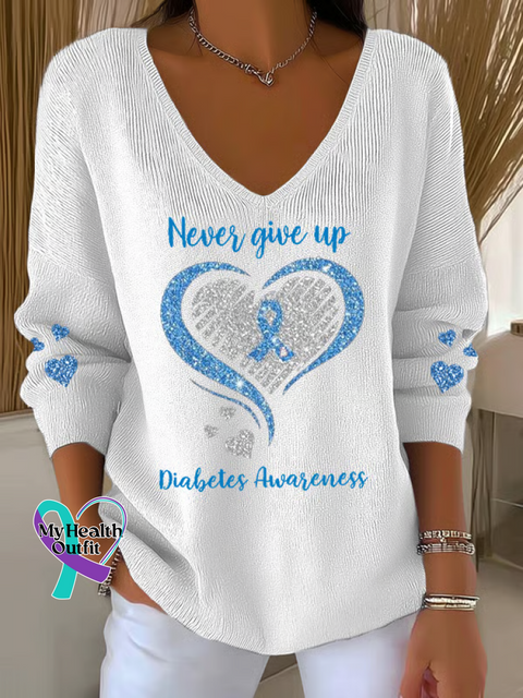 Women’s Never Give Up Diabetes Awareness Print V Neck Sweater White / S