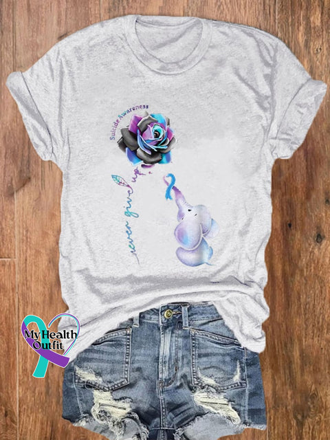 Women’s Never Give Up Mental Health Suicide Awareness Print T-Shirt White / S