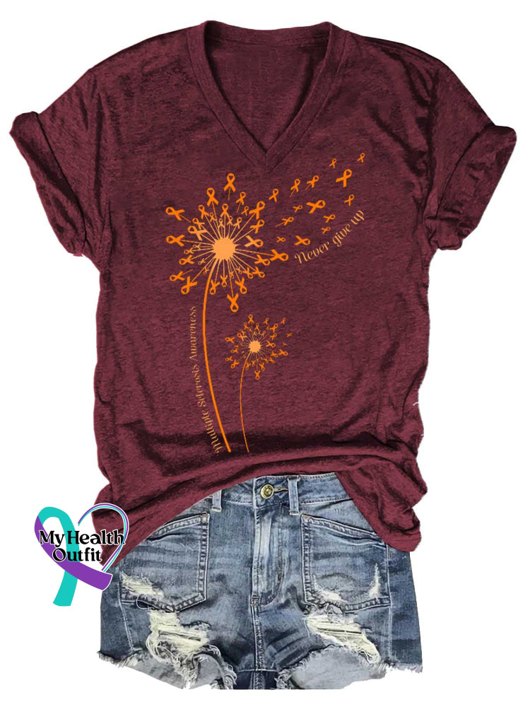 Women’s Never Give Up Ms Awareness Multiple Sclerosis Warrior Multiple Sclerosis Orange Ribbon V-neck Casual T-Shirt