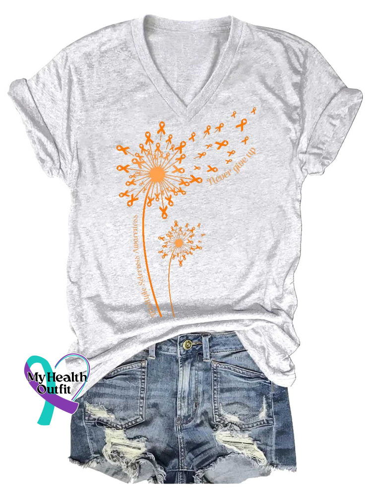 Women’s Never Give Up Ms Awareness Multiple Sclerosis Warrior Multiple Sclerosis Orange Ribbon V-neck Casual T-Shirt