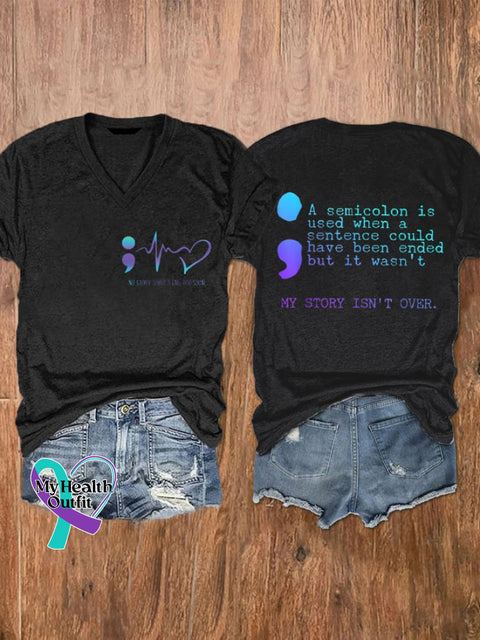 Women’s No Story Should End Too Soon Mental Health Suicide Awareness Print V-Neck T-Shirt Black / S