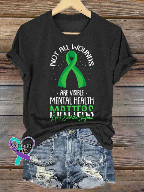 Women’s Not All Wounds Are Visible Mental Health Awareness Print Crew Neck T-Shirt Black / S
