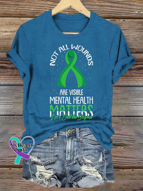 Women’s Not All Wounds Are Visible Mental Health Awareness Print Crew Neck T-Shirt Blue / S
