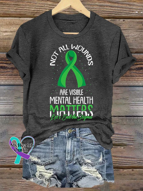 Women’s Not All Wounds Are Visible Mental Health Awareness Print Crew Neck T-Shirt Dark Grey / S