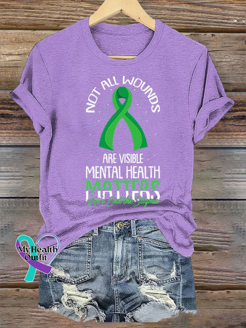Women’s Not All Wounds Are Visible Mental Health Awareness Print Crew Neck T-Shirt Purple / S
