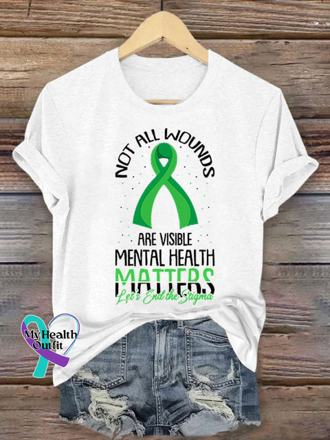 Women’s Not All Wounds Are Visible Mental Health Awareness Print Crew Neck T-Shirt White / S