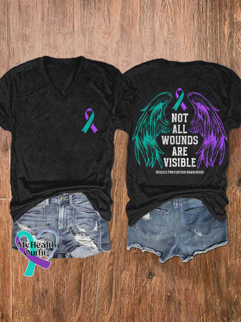 Women’s NOT ALL WOUNDS ARE VISIBLE SUICIDE PREVENTION AWARENESS V-neck Casual T-Shirt Black / S