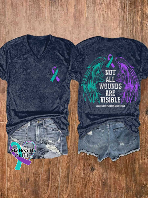 Women’s NOT ALL WOUNDS ARE VISIBLE SUICIDE PREVENTION AWARENESS V-neck Casual T-Shirt Blue / S