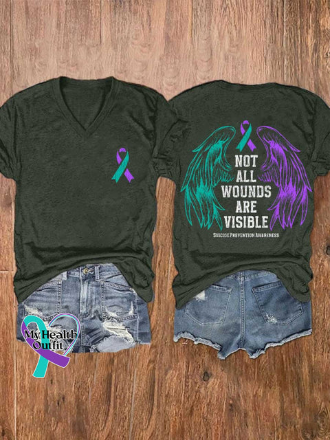 Women’s NOT ALL WOUNDS ARE VISIBLE SUICIDE PREVENTION AWARENESS V-neck Casual T-Shirt Green / S