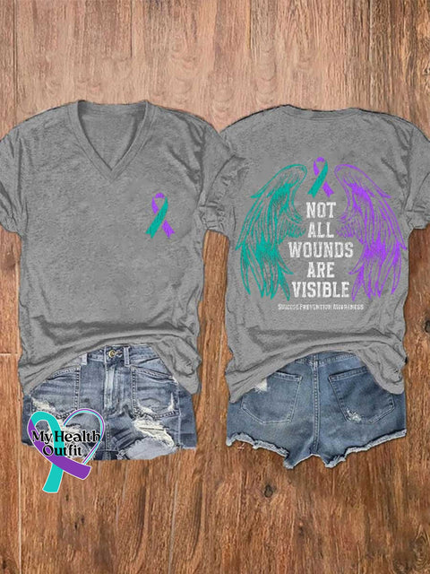 Women’s NOT ALL WOUNDS ARE VISIBLE SUICIDE PREVENTION AWARENESS V-neck Casual T-Shirt Grey / S