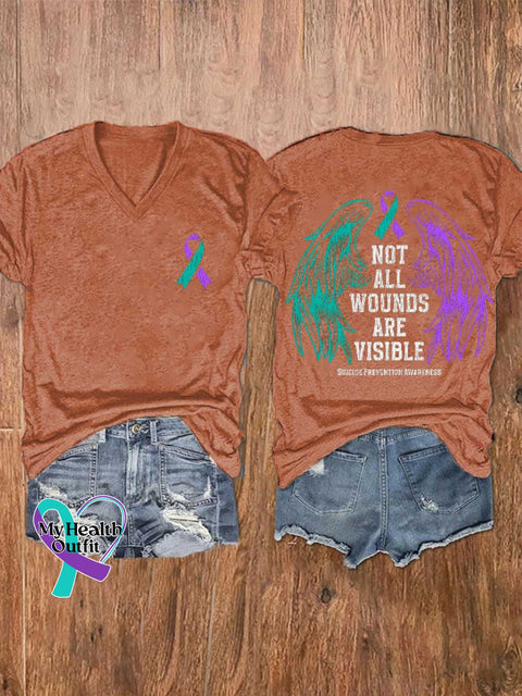 Women’s NOT ALL WOUNDS ARE VISIBLE SUICIDE PREVENTION AWARENESS V-neck Casual T-Shirt Orange / S