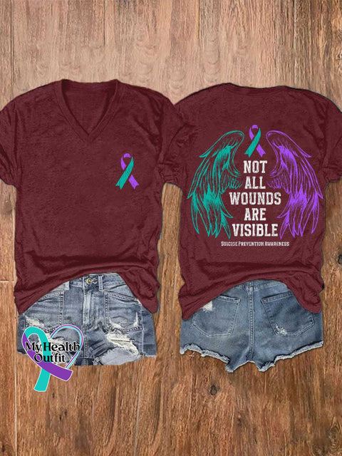 Women’s NOT ALL WOUNDS ARE VISIBLE SUICIDE PREVENTION AWARENESS V-neck Casual T-Shirt Red / S