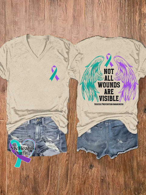 Women’s NOT ALL WOUNDS ARE VISIBLE SUICIDE PREVENTION AWARENESS V-neck Casual T-Shirt Sand / S