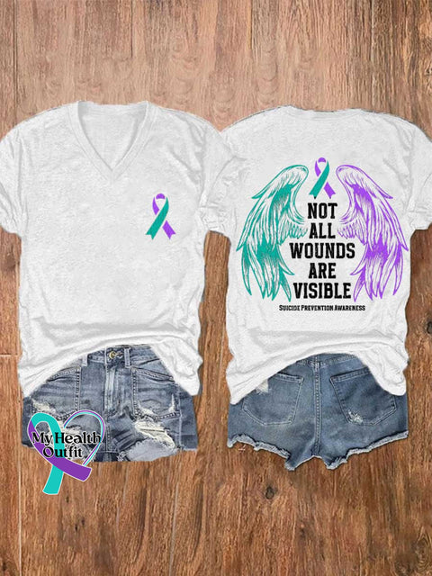 Women’s NOT ALL WOUNDS ARE VISIBLE SUICIDE PREVENTION AWARENESS V-neck Casual T-Shirt White / S