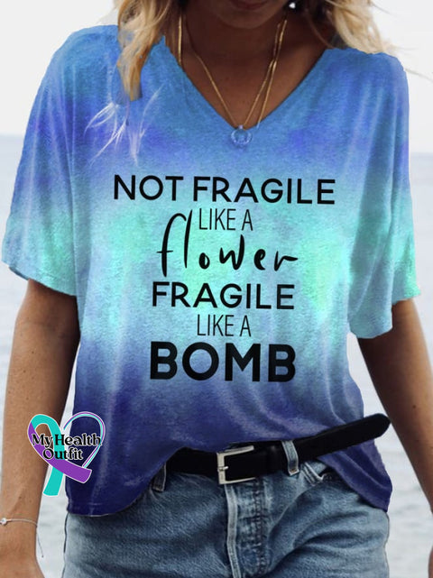 Women’s Not Fragile Like A Flower Bomb Print V-Neck T-Shirt Blue / S