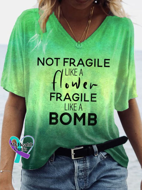 Women’s Not Fragile Like A Flower Bomb Print V-Neck T-Shirt Green / S