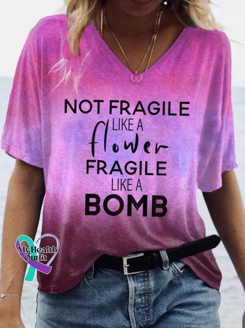 Women’s Not Fragile Like A Flower Bomb Print V-Neck T-Shirt Purple / S