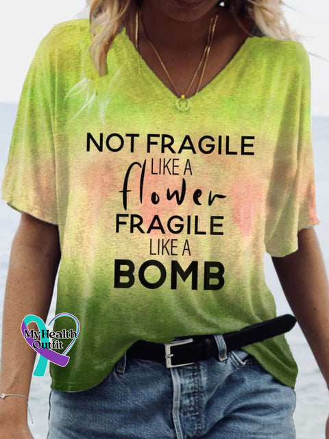 Women’s Not Fragile Like A Flower Bomb Print V-Neck T-Shirt Yellow / S