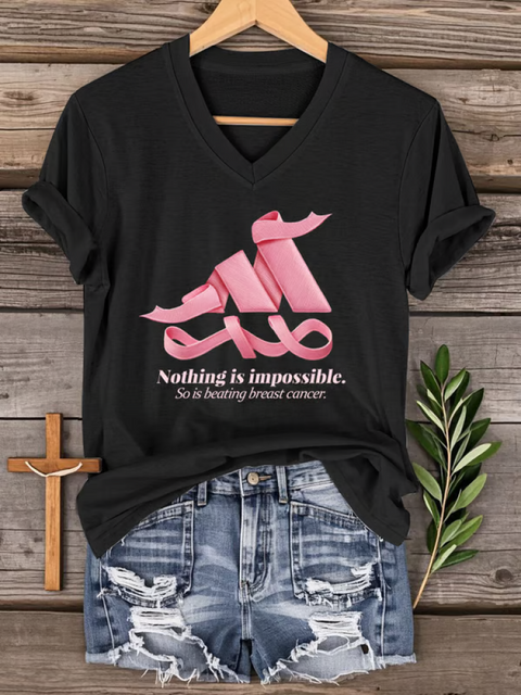 Women’s Nothing Is Impossible. So Is Beating Breast Cancer. Breast Cancer Awareness V-neck Casual T-Shirt Black / S