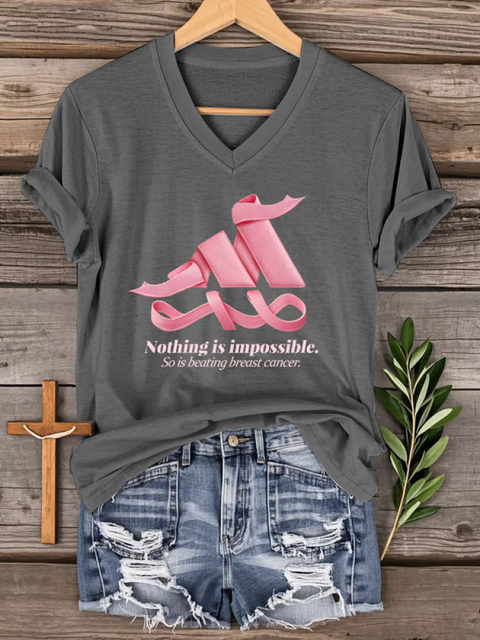 Women’s Nothing Is Impossible. So Is Beating Breast Cancer. Breast Cancer Awareness V-neck Casual T-Shirt Grey / S