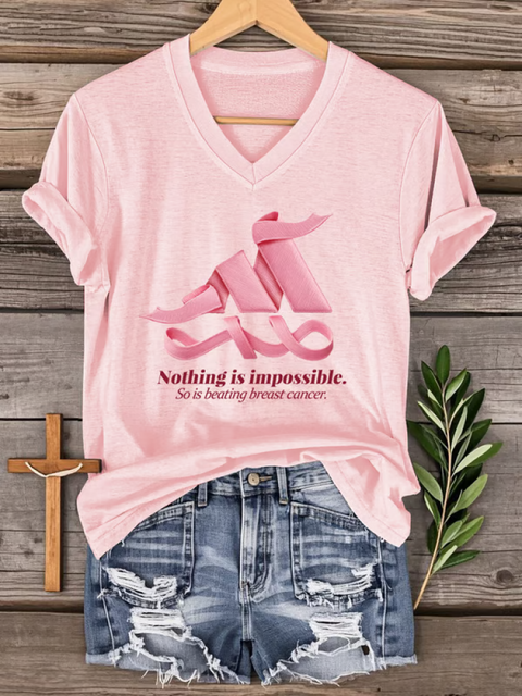 Women’s Nothing Is Impossible. So Is Beating Breast Cancer. Breast Cancer Awareness V-neck Casual T-Shirt LightPink / S