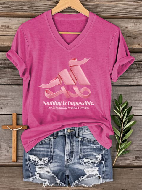 Women’s Nothing Is Impossible. So Is Beating Breast Cancer. Breast Cancer Awareness V-neck Casual T-Shirt Pink / S