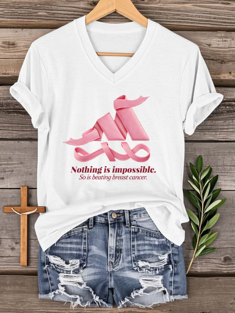 Women’s Nothing Is Impossible. So Is Beating Breast Cancer. Breast Cancer Awareness V-neck Casual T-Shirt White / S