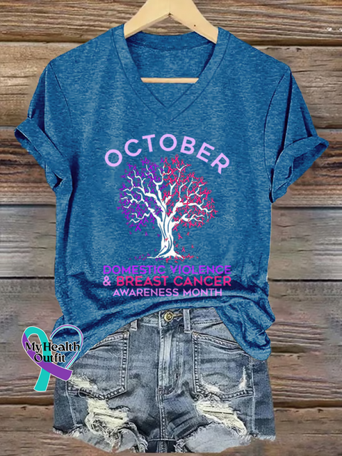 Women’s OCTOBER DOMESTIC VIOLENCE & BREAST CANCER AWARENESS MONTH V neck Casual T Shirt Blue / S