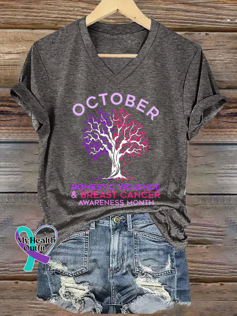 Women’s OCTOBER DOMESTIC VIOLENCE & BREAST CANCER AWARENESS MONTH V neck Casual T Shirt Grey / S