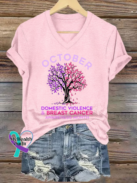 Women’s OCTOBER DOMESTIC VIOLENCE & BREAST CANCER AWARENESS MONTH V neck Casual T Shirt LightPink / S