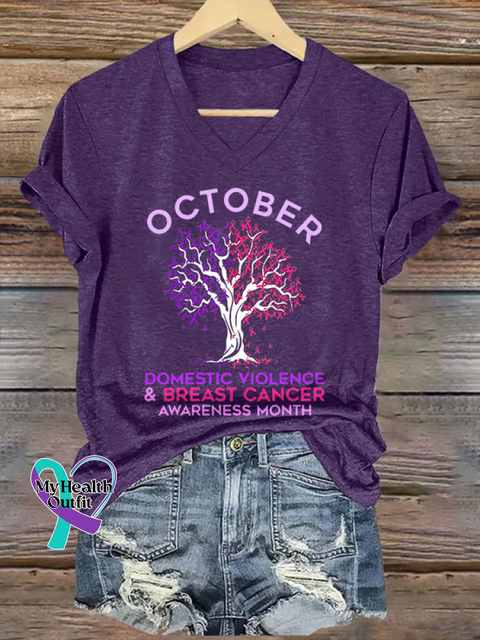 Women’s OCTOBER DOMESTIC VIOLENCE & BREAST CANCER AWARENESS MONTH V neck Casual T Shirt Purple / S