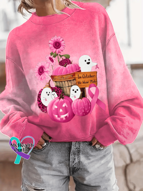 Women’s October We Wear Pink Cute Ghost Breast Cancer Awareness Printed Round Neck Long Sleeve