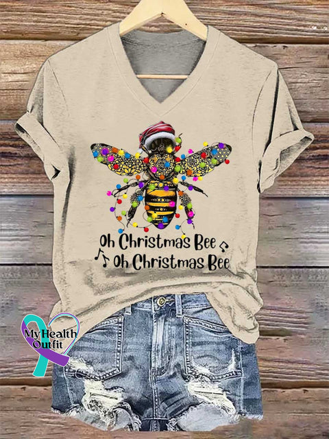 Women’s Oh Christmas Bee V-neck Casual T-Shirt Sand / S