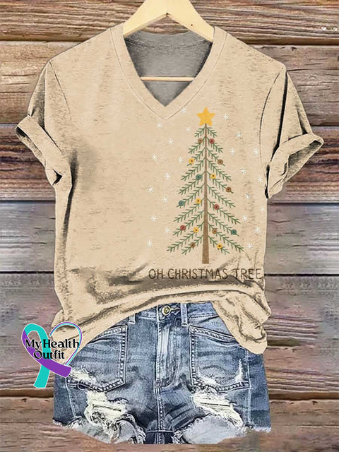 Women’s OH Christmas Tree V-neck Casual T-Shirt Multicolor / S