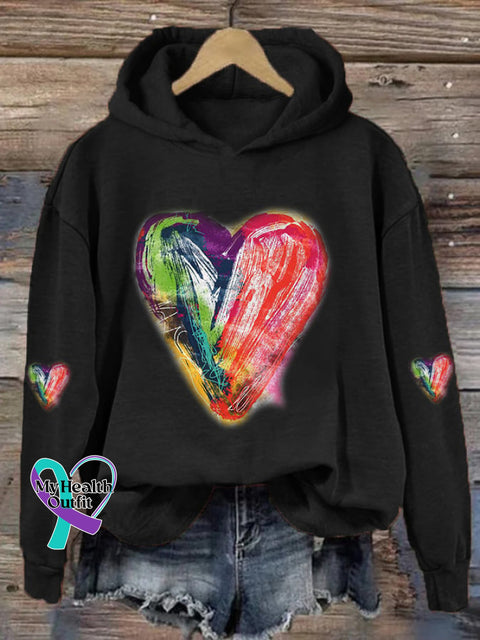 Women’s Oil Painting Love Heart Casual Hoodie Black / S