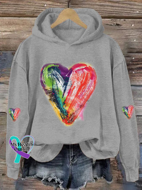 Women’s Oil Painting Love Heart Casual Hoodie Light Grey / S