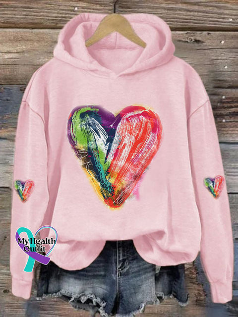 Women’s Oil Painting Love Heart Casual Hoodie Pink / S