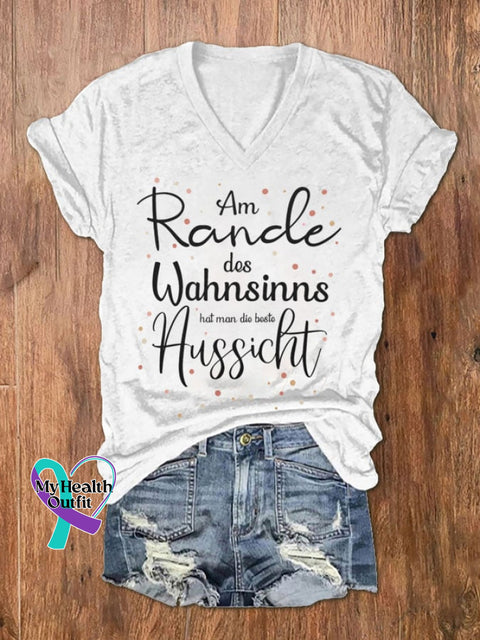 Women’s On The Edge Of Madness Print V-Neck T-Shirt White / S