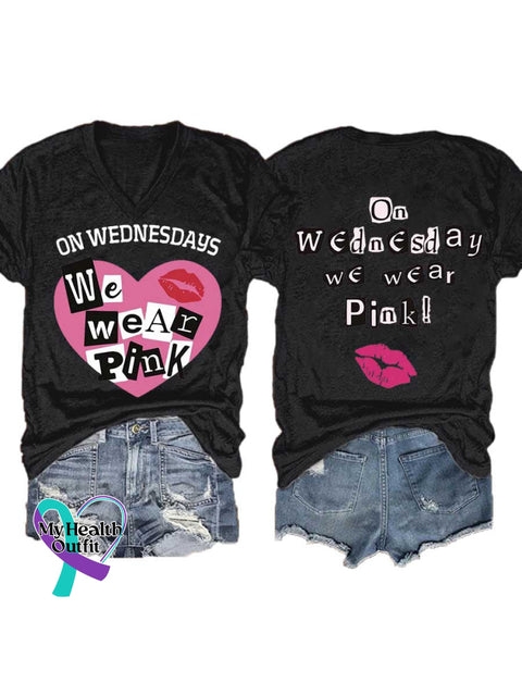 Women’s ON WEDNESDAYS We Wear PnK Breast Cancer Awareness V neck Casual T Shirt Black / S