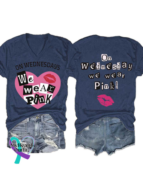 Women’s ON WEDNESDAYS We Wear PnK Breast Cancer Awareness V neck Casual T Shirt Blue / S