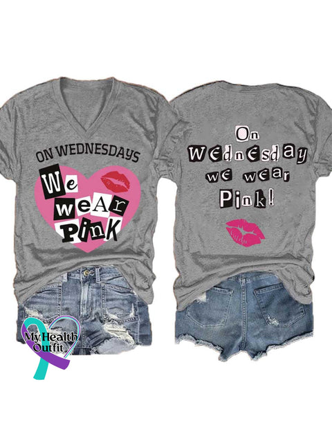 Women’s ON WEDNESDAYS We Wear PnK Breast Cancer Awareness V neck Casual T Shirt Grey / S