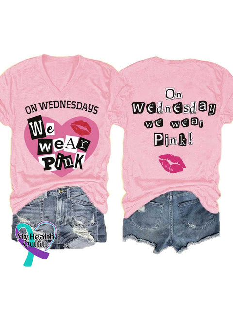 Women’s ON WEDNESDAYS We Wear PnK Breast Cancer Awareness V neck Casual T Shirt LightPink / S