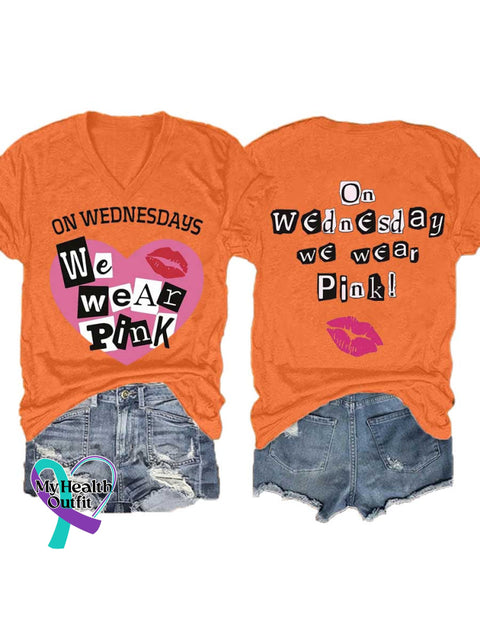 Women’s ON WEDNESDAYS We Wear PnK Breast Cancer Awareness V neck Casual T Shirt Orange / S