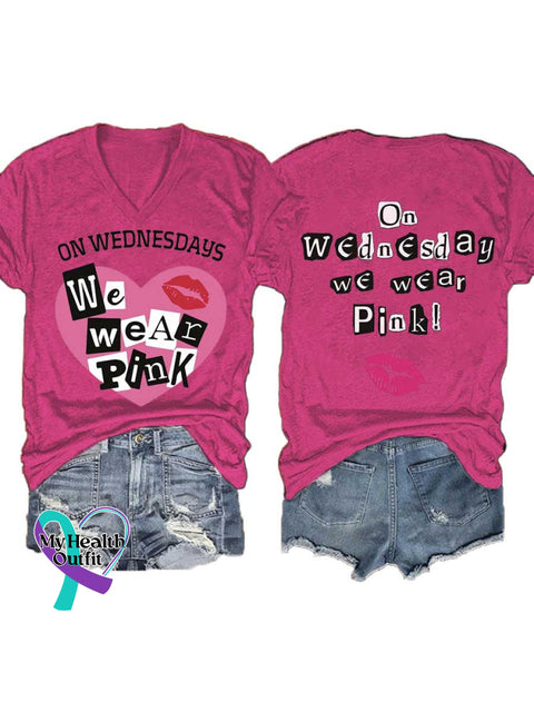 Women’s ON WEDNESDAYS We Wear PnK Breast Cancer Awareness V neck Casual T Shirt Pink / S