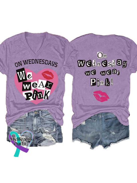 Women’s ON WEDNESDAYS We Wear PnK Breast Cancer Awareness V neck Casual T Shirt Purple / S