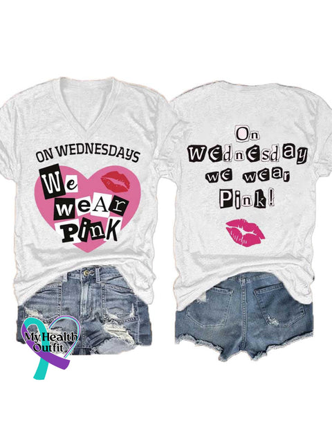 Women’s ON WEDNESDAYS We Wear PnK Breast Cancer Awareness V neck Casual T Shirt White / S