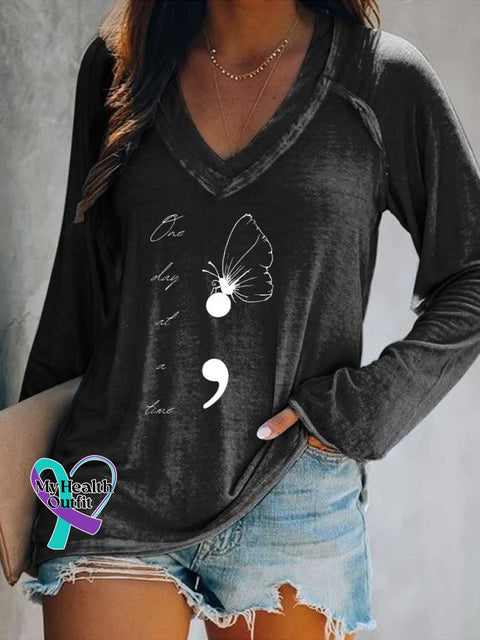 Women’s One Day At A Time Butterfly Colon SUICIDE PREVENTION AWARENESS Print Casual V Neck Long Sleeve Tops Black / S