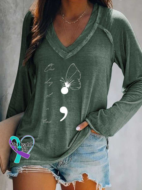 Women’s One Day At A Time Butterfly Colon SUICIDE PREVENTION AWARENESS Print Casual V Neck Long Sleeve Tops Green / S
