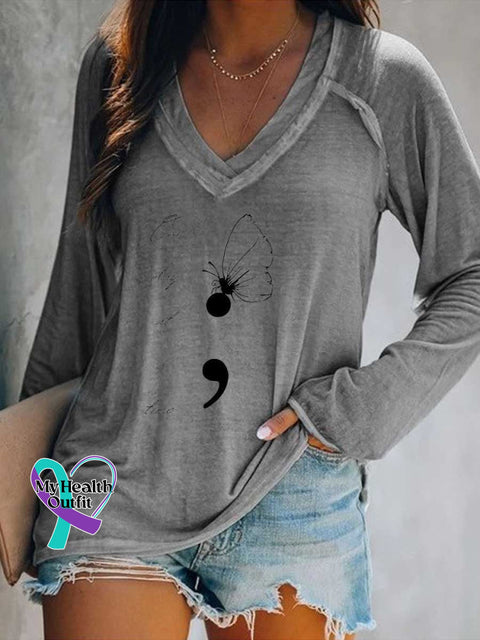 Women’s One Day At A Time Butterfly Colon SUICIDE PREVENTION AWARENESS Print Casual V Neck Long Sleeve Tops Grey / S