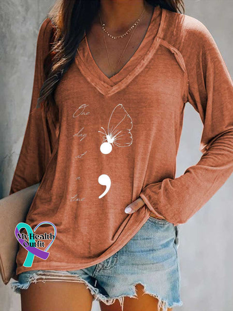 Women’s One Day At A Time Butterfly Colon SUICIDE PREVENTION AWARENESS Print Casual V Neck Long Sleeve Tops Orange / S